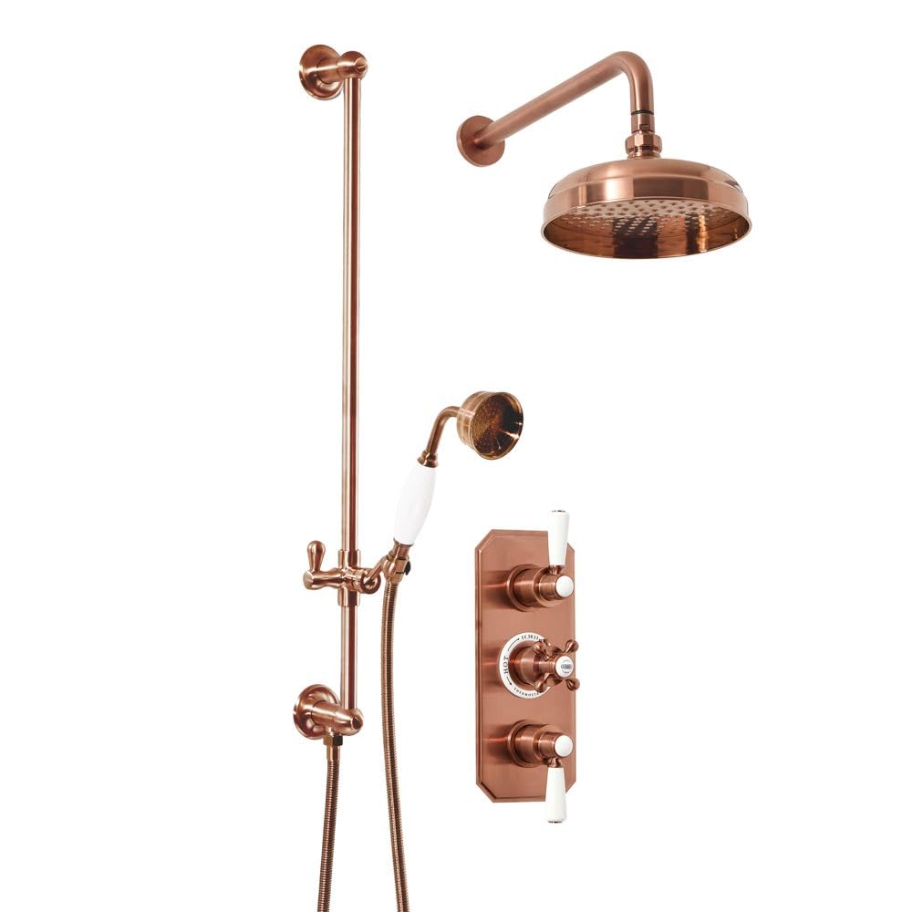 Milano Brushed Copper Elizabeth Thermostatic Mixer Valve 200Mm Round Shower Head Riser Rail