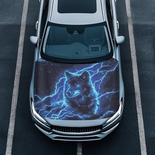 Image of Blue Wolf Car Hood Cover Polyester Elastic Fabrics Washable Suitable for Large SUV and Pickup Trucks 39x59in