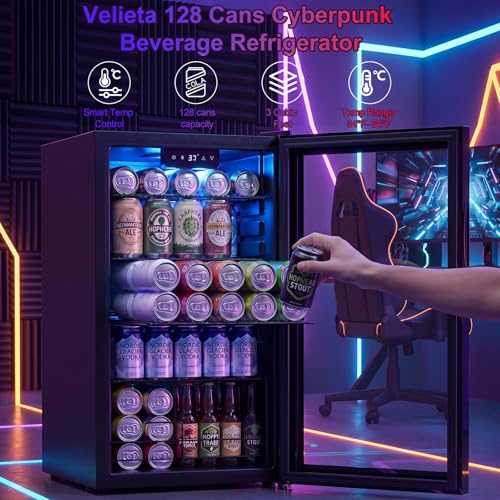 Image of 17 inch Beverage Refrigerator with LED Light Up Door - 128 Can Freestanding Drink Fridge, Small Beer Cooler with 4 Removable Shelves, Child Safety Lockfor Gaming Room Home Bar Party,Cyberpunk
