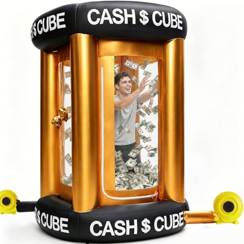 Inflatable Cash Cube Booth with 2 Blowers Portable Money Catch Game Tent for Party & Carnival Includes 100 Fake Bills Sandbags Stakes Carry Bag 8ft Tall (Black)