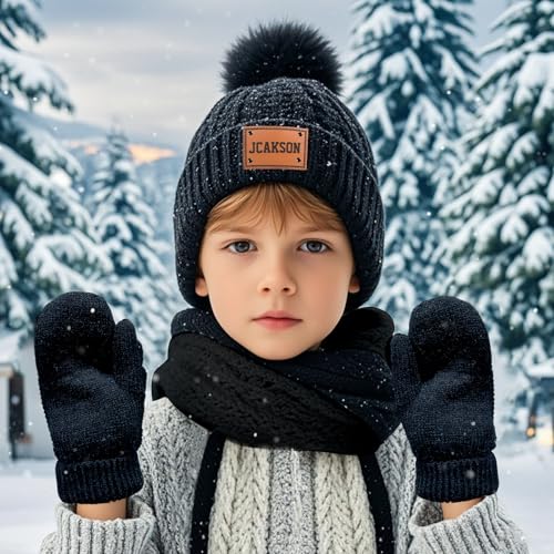 Custom Kids Winter Hat Gloves Scarf Set, Personalized Toddler Winter Beanie Hat Scarf Gloves Warm Set for Boys Girls3