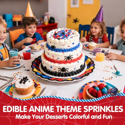 Image of Edible Spider Sprinkles,Black Spider,Hero Sprinkle,Spiderman Sprinkle for Cake,Red Blue Pearls Jimmies and Sanding Sugar Crystals for Desserts Decorating,130g,Cupcakes Cookie Donuts Ice Cream Decorations,Themed Toppers,Birthday,Children's Party Supplies