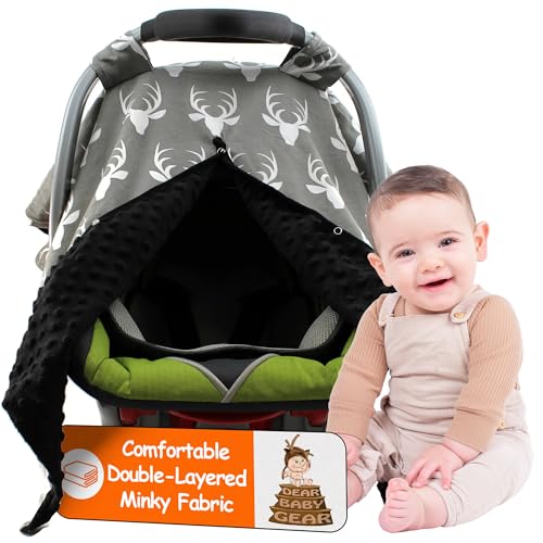 Image of Dear Baby Gear - 40x30 Car Seat Canopy, Infant Carrier Cover for Boys & Girls, Cozy Fall Baby Shower Gift, Nursing & Stroller Use, Newborn Travel Sunshade Accessory, Antlers on Grey, Black Dot