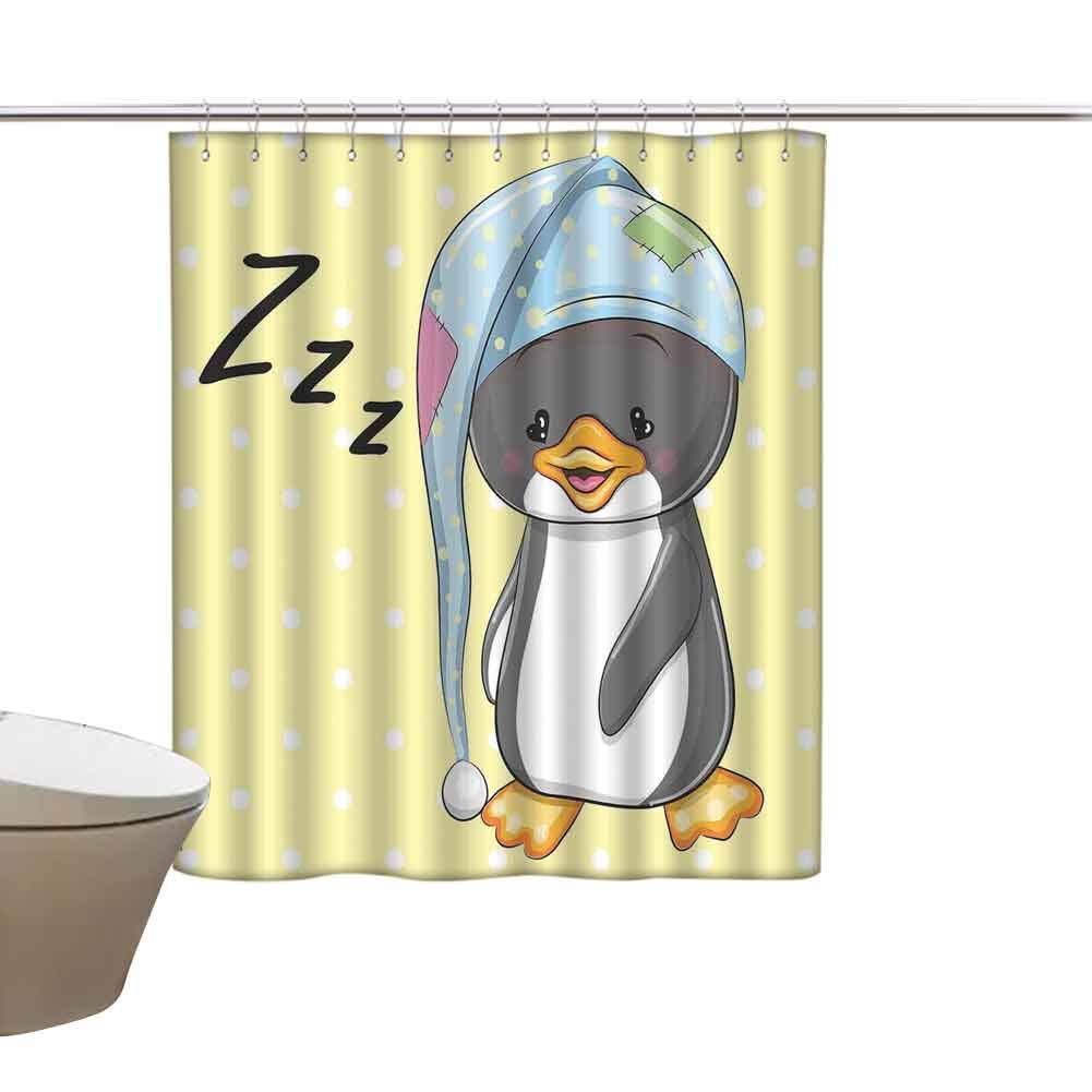 June Gissing Cartoon Indoor Shower Curtain Sleepy Baby Penguin in Hood Ready to Bed Childhood Happy Dream Cartoon Art Holiday House Shower Curtain W48 x L70 Inch Yellow Grey White