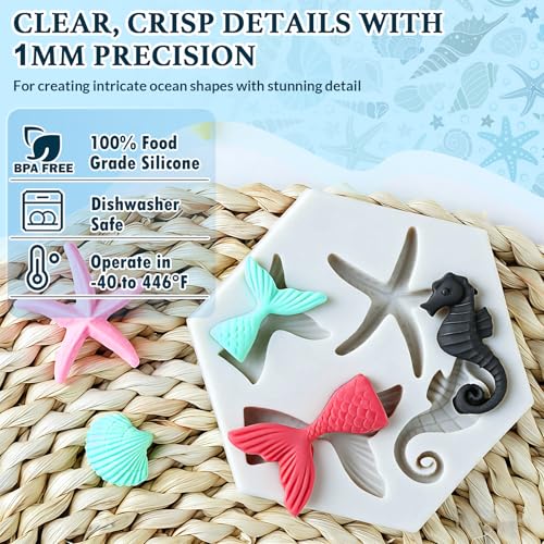 Image of HKNMTT Marine Themed Silicone Mold for Polymer Clay Fondant, Seashell Mermaid Tail Starfish Ocean Seahorse Air Dry Clay Craft Cake Decor Wax Melt Chocolate Candy Mould DIY Cupcake Toppers BPA Free