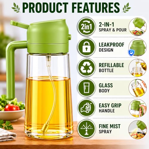 Image of 2-in-1 500ml Glass Oil Dispenser & Spray Bottle | Oil & Vinegar Sprayer for Cooking, Air Fryer, Salad & Kitchen Use | Leakproof, Refillable, Green (Green)