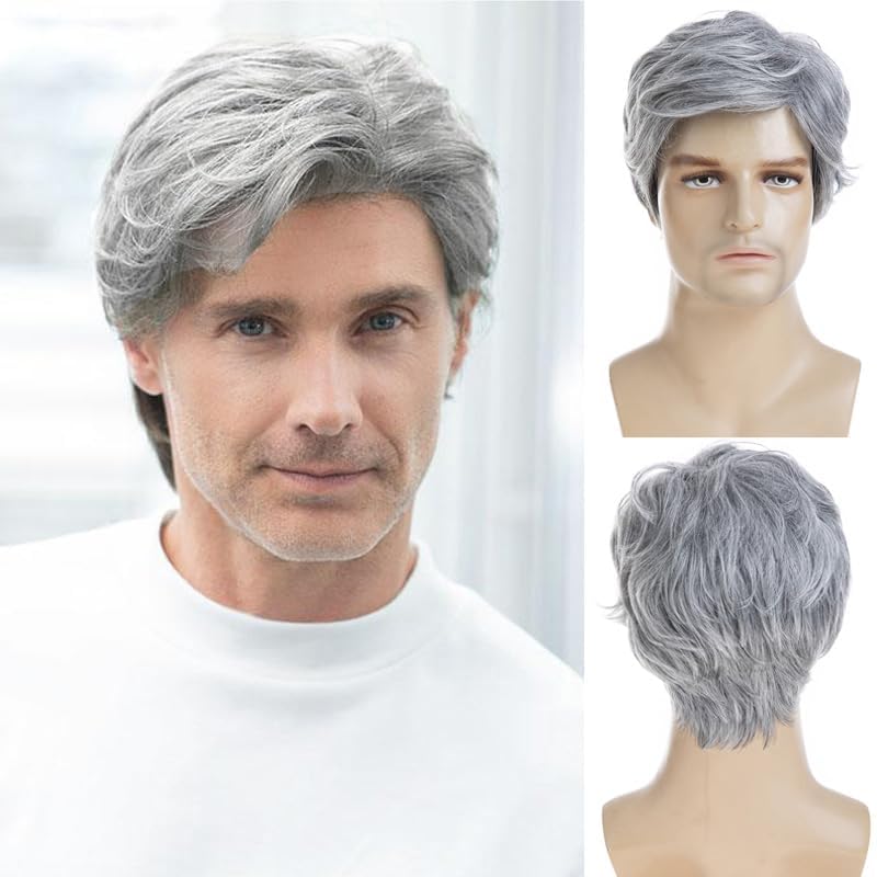 Baruisi Men Wigs Short Grey Wig Synthetic Heat Resistant Natural Halloween Cosplay Hair Wig, gray - Image 2