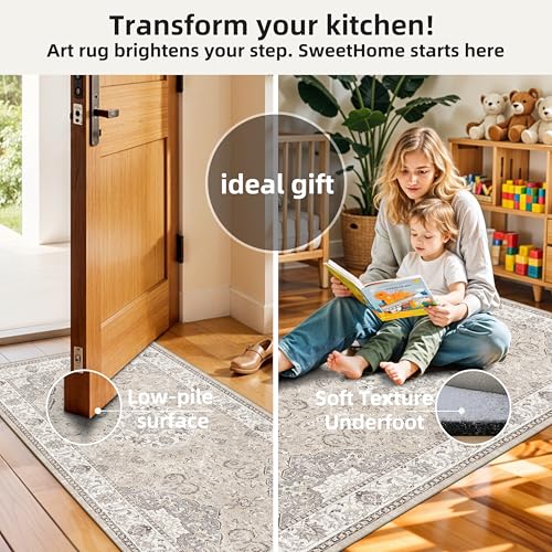 2-Piece Kitchen Runner Rug Set: Washable Non-Slip Floor Mats for Sink & Stove Cooking Area Soft Low Pile Water-Resistant Carpet for Dishwasher Fridge Fronts Durable Kitchen Island Mats(2x3+2x4,Beige)