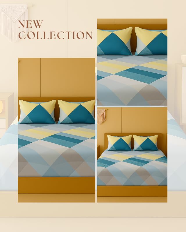 Image of NEW LEAF 320 TC Cotton All Around Elastic Fitted Printed Bedsheets King Size, Premium Fitted Bedsheets King Size for Double Bed with 2 Pillow Covers, Size- 78 inch x 72 inch Teal Aqua
