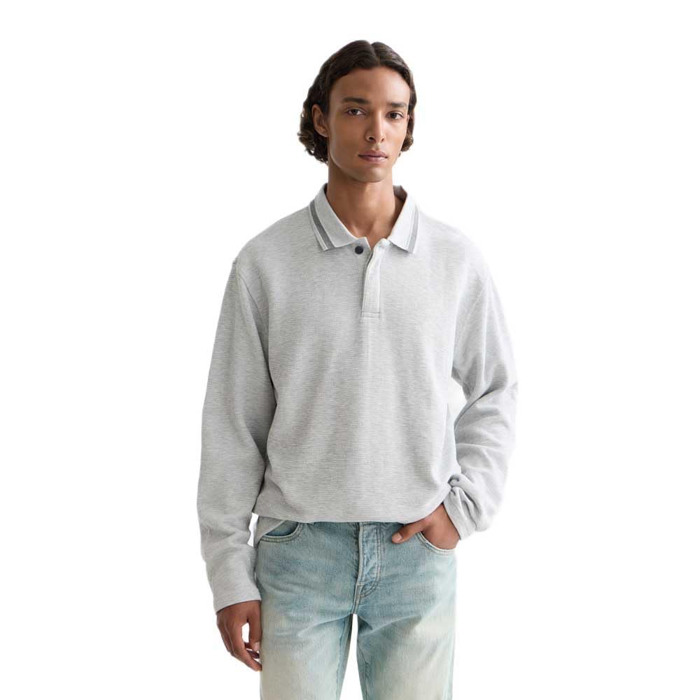 Scotch & Soda Men's Grey Melange 050 Long Sleeved Relaxed-Fit Polo Shirt