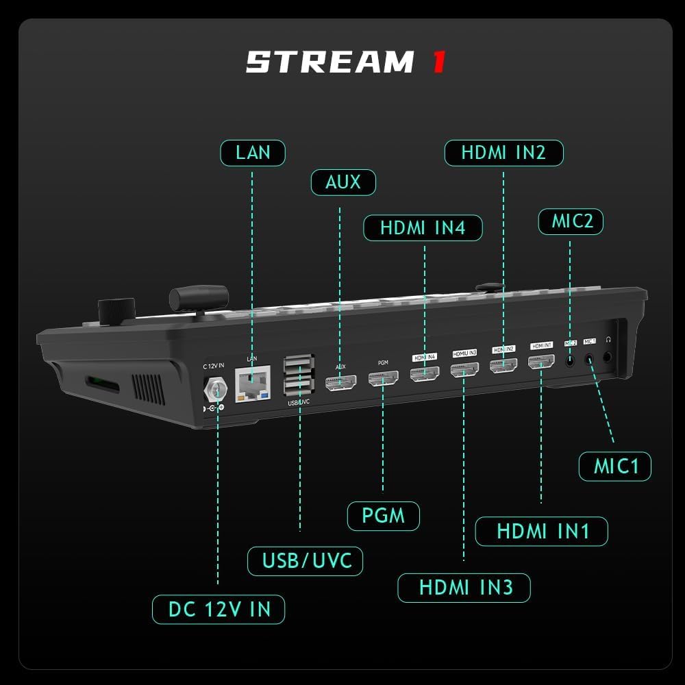 CINETREAK Stream 1 Live-Streaming Switcher 4 HDMI & AUX Eingänge, PTZ Steuerung, Dual RTMP Streaming, Chroma/Luma Key, Aufnahme & Wiedergabe sowie Landschafts- & Hochformat-Streaming (NDI Updatefähig)