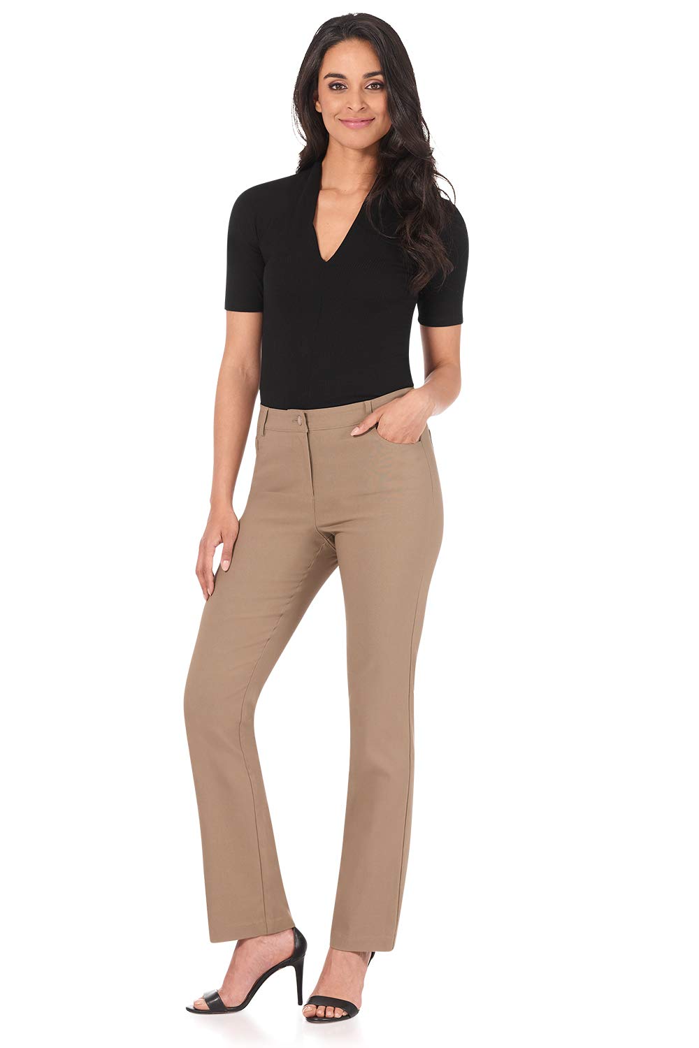 Rekucci Women's Iconic Stretch 5 Pocket Straight Leg Pant w/Zipper Closure (4,Oatmeal)