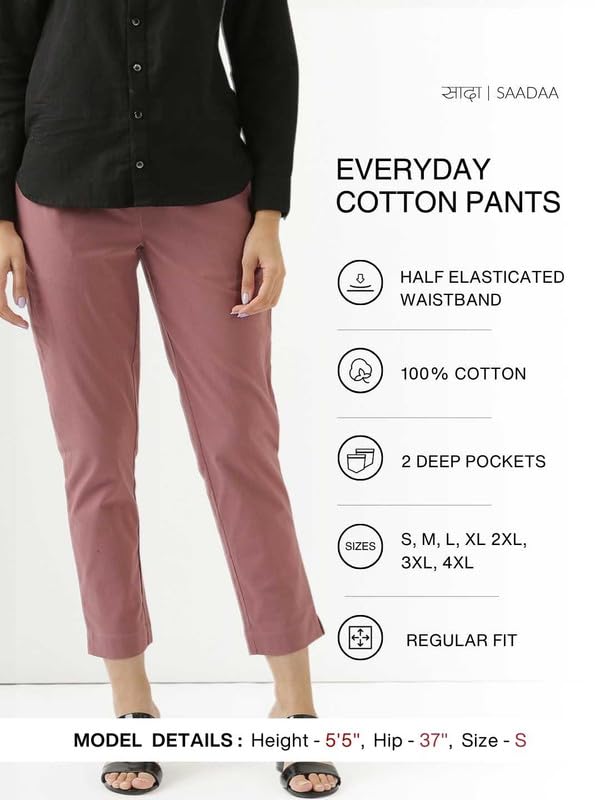 Image of SAADAA Women Cotton Pant Regular Slim Fit Mid Rise Trouser, Pocket Pants for Office School Formal Casual Daily Use