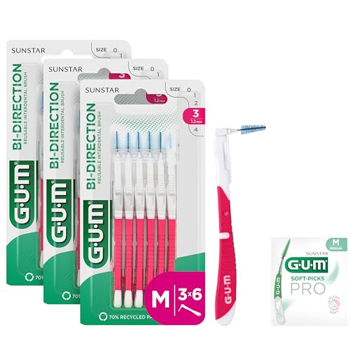 GUM BI-DIRECTION Scovolini interdentali a doppia posizione | Posizionamento a 90 gradi | pulizia dei denti e rimozione della placca | 1.2mm, ISO 3 | Taglia M | Confezione 3x6 + 1 campione gratuito
