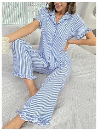 WDIRARA Women's 2 Piece Stripe Button Front Pocketed Shirts and Pants Ruffled Hem Pajama Set4