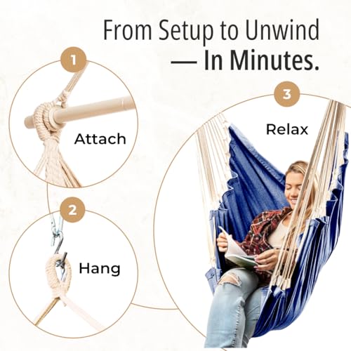 Image of Hanging Hammock Chair Swing - Hanging Chair Outdoor & Indoor - Hammock Swing Chair - Quick & Easy Setup with Hardware Kit - Durable & Spacious Full Body Support - Holds 440 Lbs