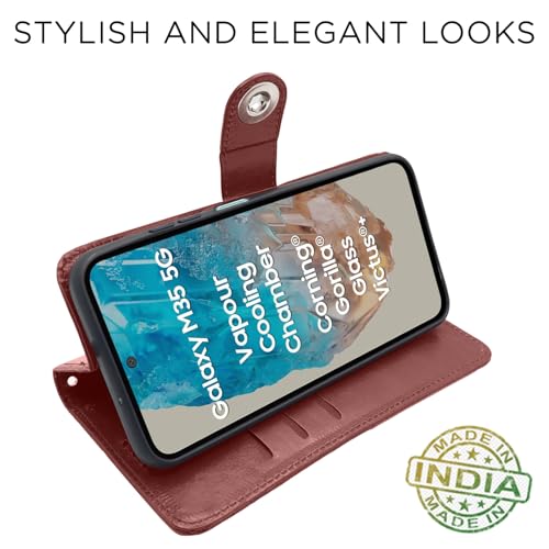 Image of Pikkme Flip Cover Leather Finish | Inside TPU with Card Pockets | Wallet Stand and Shock Proof | Complete Protection Button Flip Case for Samsung Galaxy M35 5G (Brown)
