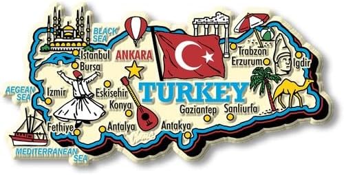 Turkey Map Decorative Tourist Souvenir Magnet, Multicolour, MDF Wood Laminate Print Glossy Finishing Wood, 15 x 8 x 12 cm, 3DMap Shaped, Culture, Regional, Cities, Place 1 Piece,