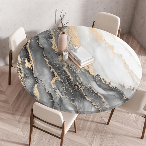 Muiuou Waterproof Elastic Fitted Round Tablecloth,Marble Printing Reusable Waterproof Oil-Proof Edged Protector Round Tablecloth,for Fitted Kitchen Restaurant Picnic (Diameter 60cm,Marble 9)