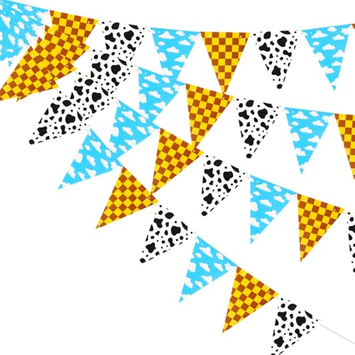 4pcs Cartoon Birthday Decorations, Cartoon Story Party Toy Themed Cloud Cow Plaid Print Triangle Pennant Flag Banner Garland Blue Yellow Red Baby Shower Decor Garden Supplies for Outdoor Indoor