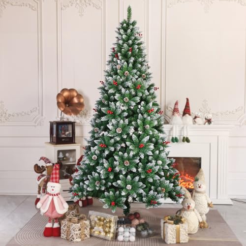Velvaria 7FT/210cm Snow Flocked Artificial Christmas Tree - 1050 Tips with Pine Cones & Berries Fire Resistant Sturdy Stand Easy Assembly | Holiday Trees for Home Office Xmas Tree Christmas Gift