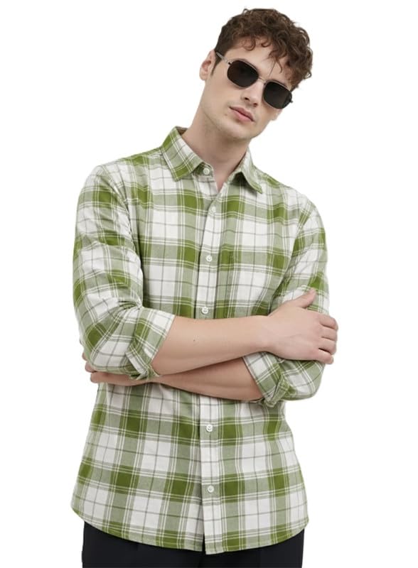 Image of U TURN Men's Casual Plaid Button-Down Shirt, Khaki and White Checkerd Shirt Stylish