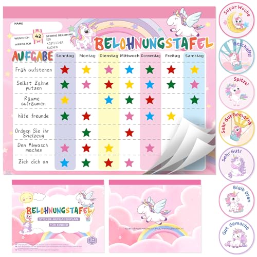 khlerox Belohnungstafel Kinder magnetisch 26 Seiten, 1680 Sterne und 84 Motivationssticker, Belohnungssystem Kinder Wochenplan zur Förderung von Verantwortung und Guten Gewohnheiten (Einhorn)