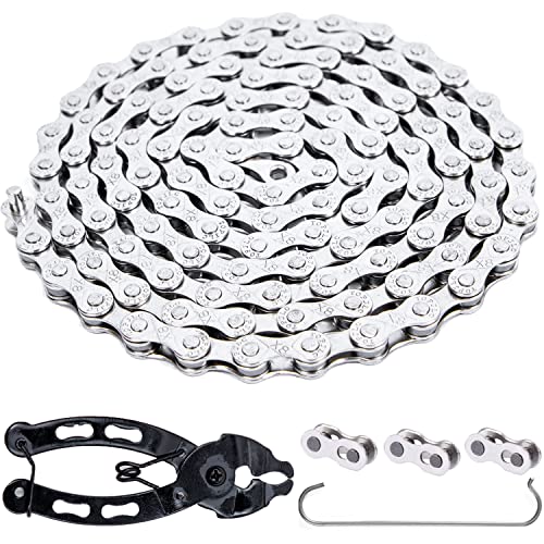 YBEKI 6/7/8/9/10/11 Speed Carbon Steel Bike Chain with Full Silver Plating, 116 Links, 3 Extra Master Links &amp; Chain Tool - Compatible with Shimano/SRAM Mountain, Road (6/7/8 Speed, Silver, 1)