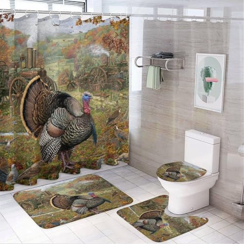 ZQDHKRICH 4 Pcs Rustic Farm Turkey Tractor Shower Curtain 12 Hooks Watercolor Autumn Forest Maple Leaves Farmhouse Turkey Bathroom Set Shower Curtains Mat Bathroom Curtain Rug