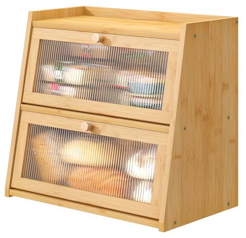 viewcare Bread Box for Kitchen Counter, Double Layer Large Bamboo Wood Bread Box, Bamboo Bread Storage Container with Wavy Acrylic Transparent Door