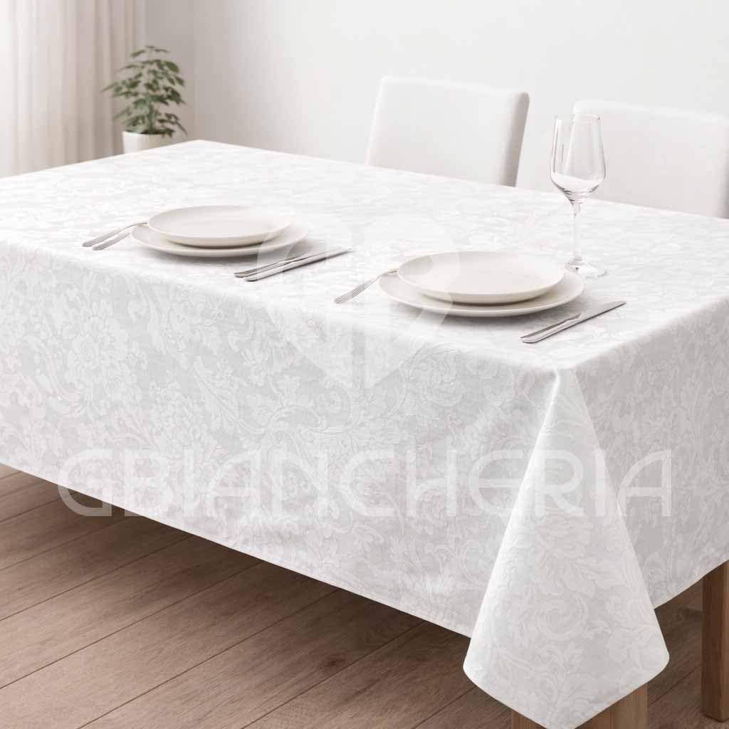 GBiancheria Tovaglia Elegante in Fiandra di Cotone Damascata, Stile Classico Col. Bianco 100% Made in Italy (Set 6 Tovaglioli 50x50cm)