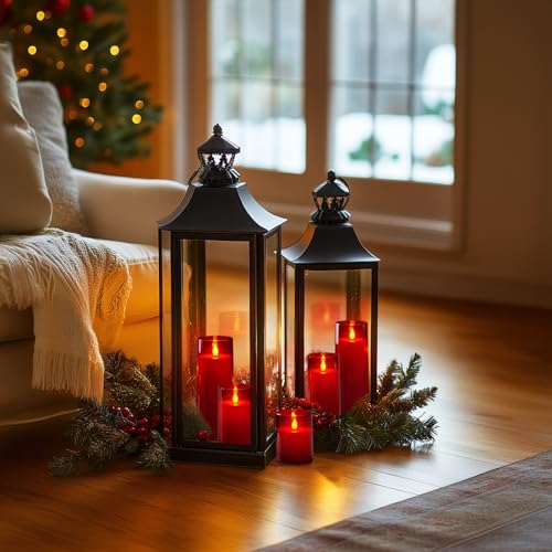 Image of Homemory Christmas Red Flickering Flameless Candles, Battery Operated Acrylic LED Pillar Candles with Remote Control and Timer, Set of 5