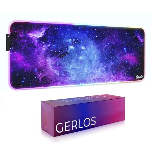 Image of Gerlos RGB Gaming Mouse Pad, Large LED Desk Mat, 31.5 x 11.8 Inch | 12 light modes, non-slip base, water-resistant surface, stitched edges