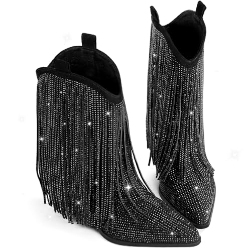 Image of Ouepiano Cowboy Boots for Women - Cowgirl Rhinestone Boots with Sparkly Fringe Pointed Toe Western Boot Chunky Heel Pull-On Wide Calf Botas Vaqueras