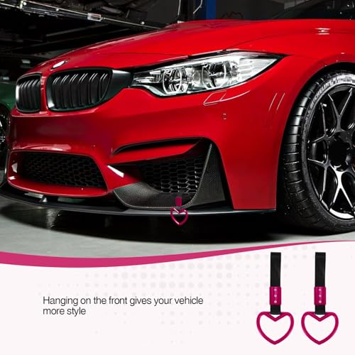 Image of 2PCS Heart Shaped Car Handle Straps, Rear Bumper Warning Keychain Ring for Car Exterior Accessories (Hot Pink)
