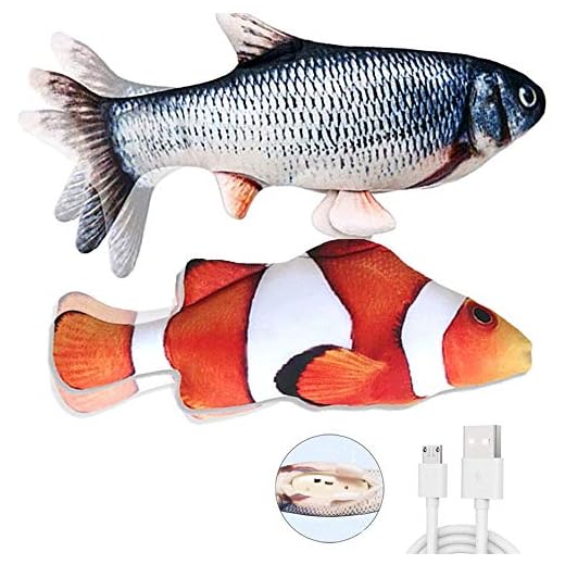 bubblestar 2PCS Plush Simulation Electric Doll Fish Automatic Flopping USB Rechargeable Cat Fish Toy Funny Interactive Pets Chew Bite Supplies for Cat Kitty Kitten (D)