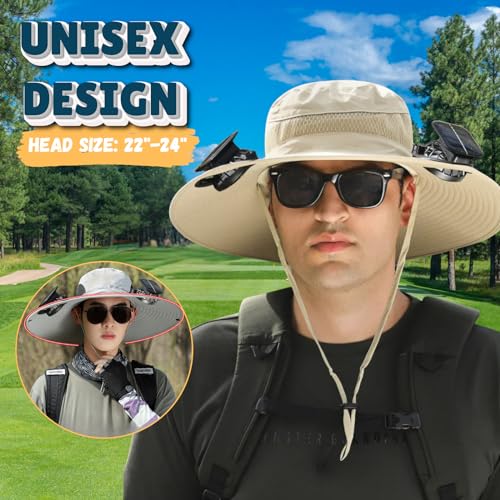 Image of Outdoor Wide Brim Sun Hat with 2 Solar Fan Sun Bucket Hat for Men Women UPF 50+ Bucket Fishing & Beach Hat with Fan Built in