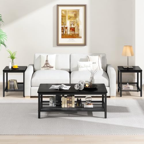 Image of 3-Piece Coffee Table and End Table Sets for Living Room, Industrial Coffee Table Set of 3 with Storage, Modern Farmhouse Rustic Living Room Table Set for Apartment Home Office
