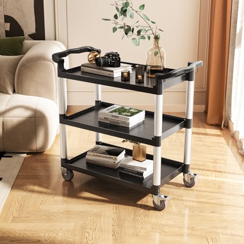 VEVOR-Utility-Cart-300-lbs-Load-Capacity-3-Tier-Utility-Plastic-Cart-with-360-Swivel-Wheels-2-with-Brakes-244-x-161-inch-Food-Service-Cart-for-Warehouse-Office-Home-Restaurant-Kitchen-Utility-Cart-Equ