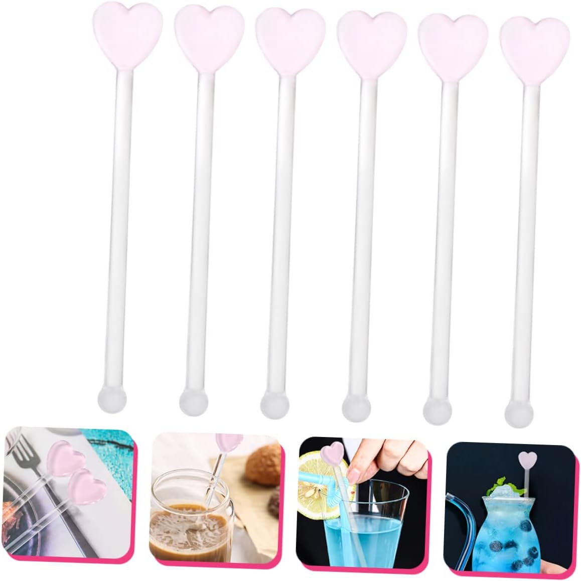 ULTECHNOVO 6Pcs Heart Shaped Glass Cocktail Stirrers Reusable Decorative Drink Mixers for Parties Home Use Lightweight Compact for Valentine Day Celebrations