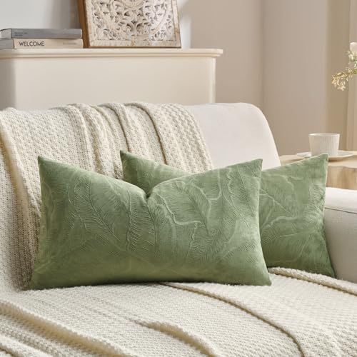 FUTEI Sage Green Velvet Throw Pillow Covers 12x20 Inch Set of 2,Soft Embossed Leaf-Relief Textured Lumbar Pillow Cases,Natural Home Decor for Couch Living Room