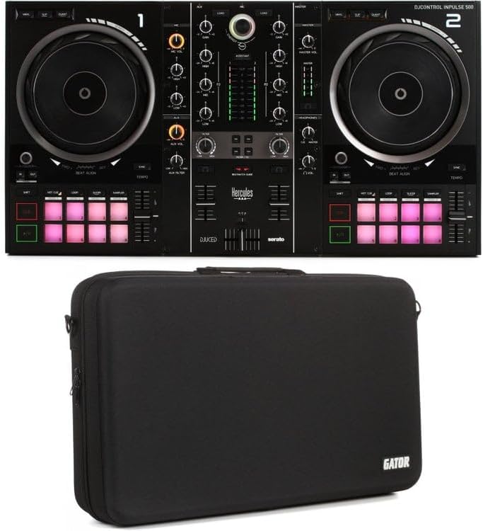 Hercules DJControl Inpulse 500 Controlador de DJ de 2 canales con estuche de transporte: Mezclador de DJ portátil y profesional para principiantes y profesionales