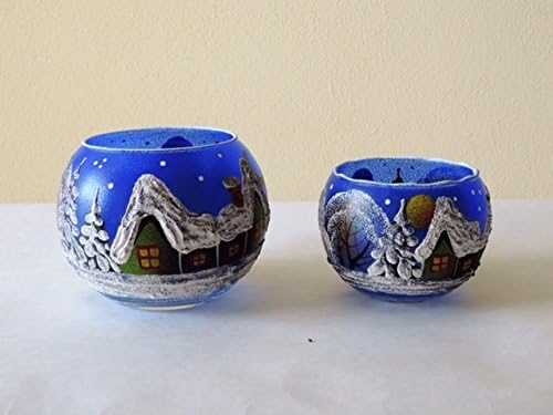 Xmas Gifts 4-Inch Dia Candle Holder + 2.3-Inch Dia Candle Holder, Christmas New Year Design Glass Candleholders, Blue Winter Candle Stand, 2-Piece Set