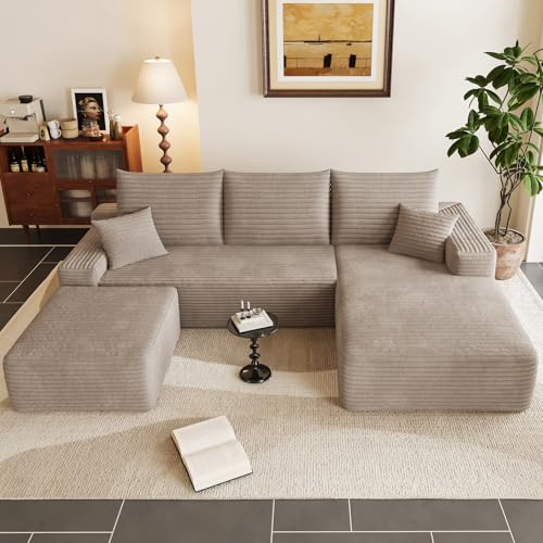 Image of 95 inch Cloud Sectional Couch with Ottoman,Modern U-Shaped Cloud Couch with Deep Seat,Comfy Corduroy Sofa,Memory Foam Sofa for Living Room,No Assembly (Camel,Right-Facing Chaise)