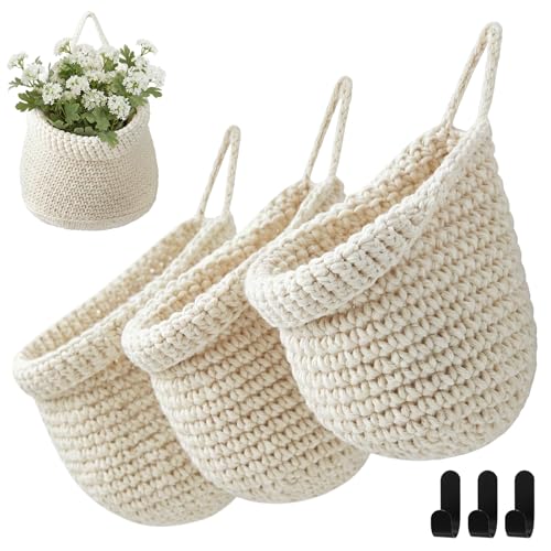 Image of Honeydak 3 Hanging Baskets, White, Barrel, Cotton Rope