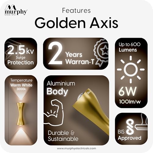 Image of Murphy Golden Axis 6W LED Up Down Wall Light | Warm White | Premium Gold Finish | Aluminium Body | Decorative Indoor Wall Lamp | 2 Year Warranty | Pack of 1