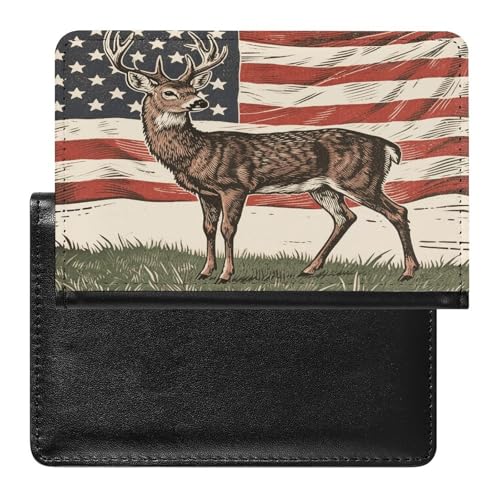 Deer American Flag Passport Holder for Travel Document Holders PU Leather Credit Card Holder Minimalist Front Pocket Wallet Fashion Passport Wallet Cover Case Slim Bifold