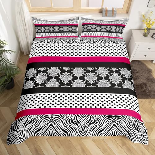 Zebra Skin Prined Duvet Cover Toddler,Modern Polka Dot Print Bedding Set,Gothic Vintage Floral Comforter Cover 2PCS,Pink Black White Splicing Geometry Quilt Cover,1 Pillowcase(Not Comforter)