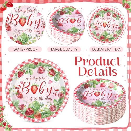 Image of Funnymoom 60 Pcs 7 Inch Strawberry Baby Shower Paper Plates a Berry Sweet Baby Is on The Way Party Decorations Strawberry Gingham Disposable Dessert Cake Plates Birthday Party Supplies