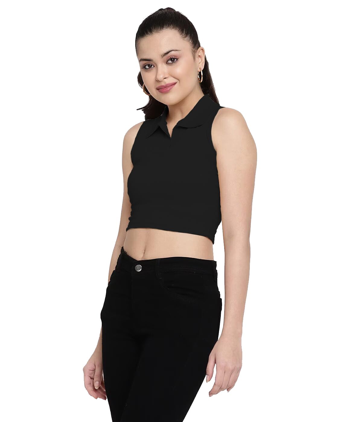 cutoffs Women's & Girls' Solid Ribbed Collared V-Neck Sleeveless Relaxed Fit Cut Out Tank Tops-picture-37